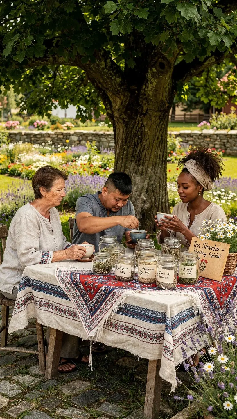 Zelené bylinky a čajové lístky rozložené na drevenej doske