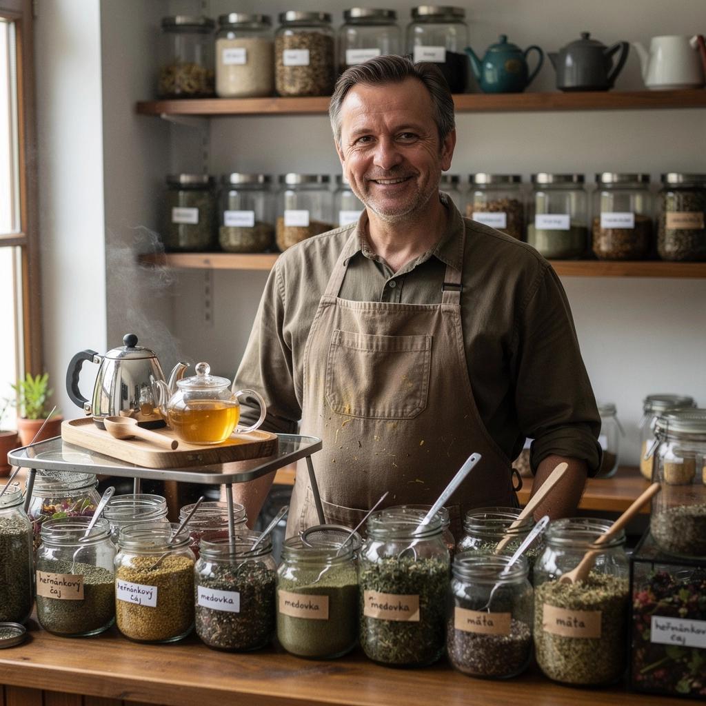 Šálka voňavého bylinkového čaju položená na drevenom stole.